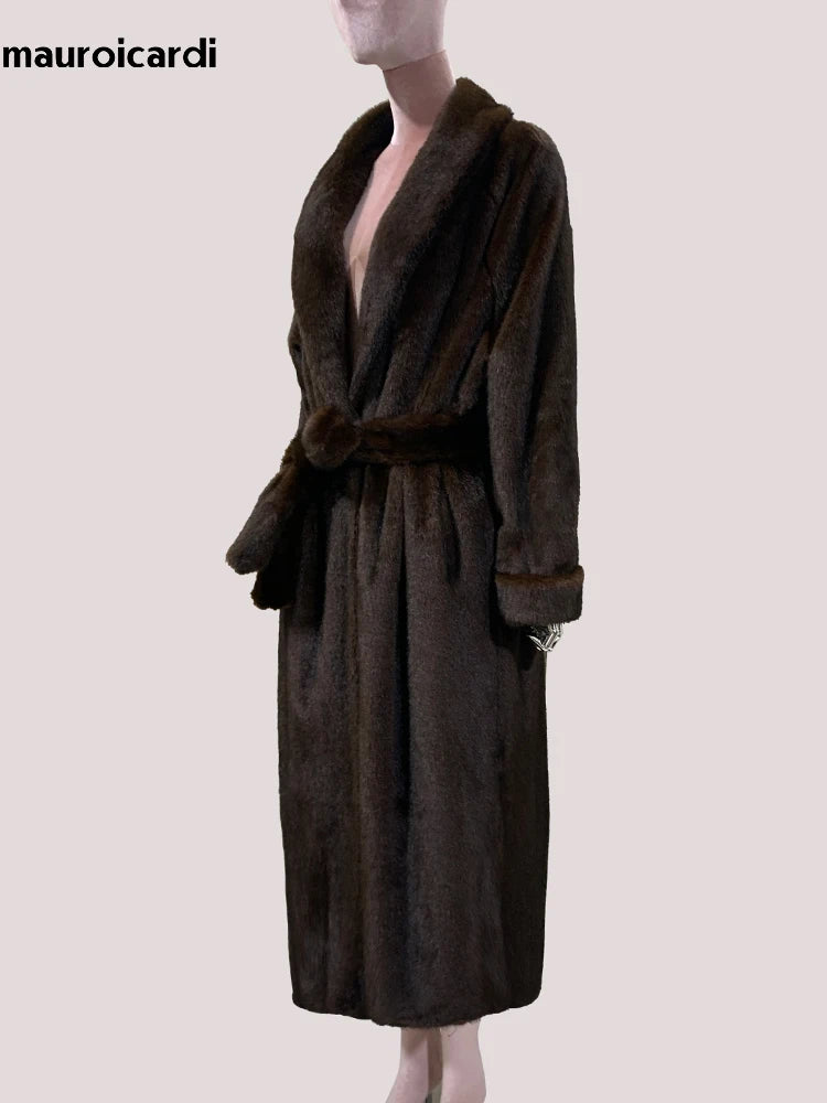 Mauroicardi Winter Long Thick Warm Brown Skirted Faux Mink Fur Coat Women Shawl Collar Sashes Elegant Luxury Furry Overcoat 2025