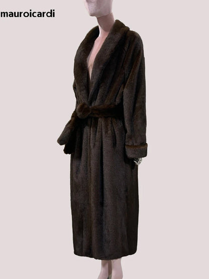 Mauroicardi Winter Long Thick Warm Brown Skirted Faux Mink Fur Coat Women Shawl Collar Sashes Elegant Luxury Furry Overcoat 2025
