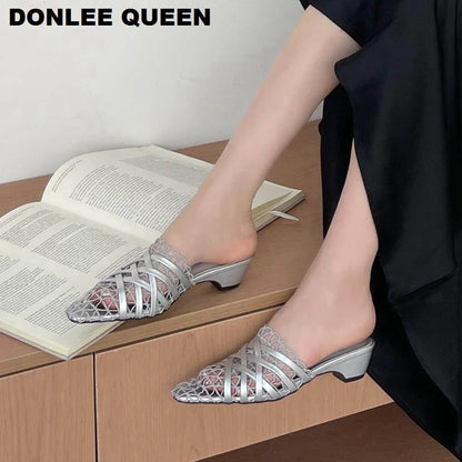 2026 Summer Luxury Fashion Designer Slippers Women Lace Mesh Square Toe Slip On Mule Slippers Low Heel Sandal Casual Shoes Muje