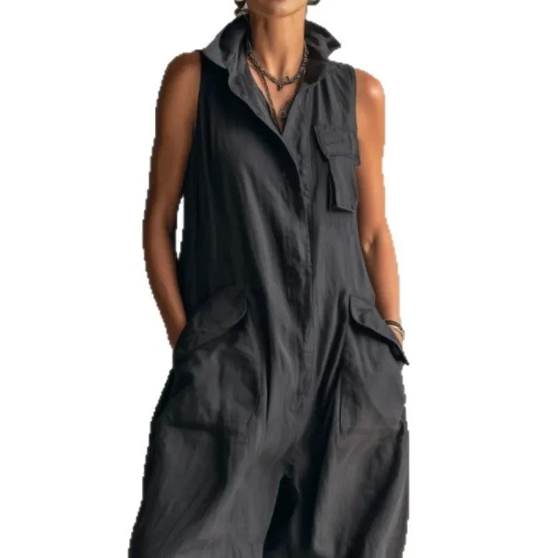 Jumpsuits Women Rompers Summer Fashion Sleeveless Lapel Loose Comfortable Solid Pocket Vacation Casual Jumpsuits Womens Clothing