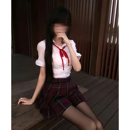 Cosplay School Uniform for Girls Japanese Students JK Uniform Short-sleeved shirt, Red Checked Skirts