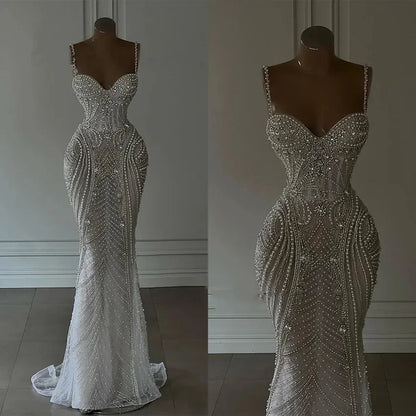 Customized Straps Dubai Luxury Sexy Mermaid Wedding Dresses Heavy Pearls Beading Ladies Bride Dresses Mermaid vestidos de novia
