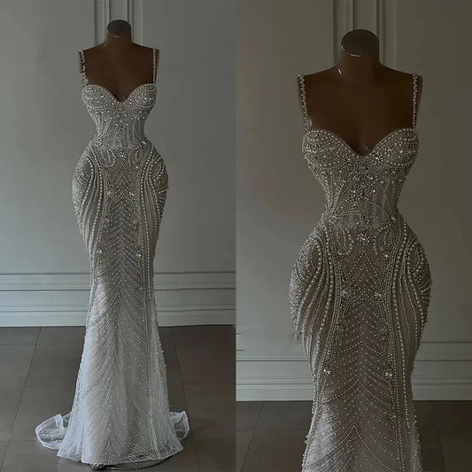 Customized Straps Dubai Luxury Sexy Mermaid Wedding Dresses Heavy Pearls Beading Ladies Bride Dresses Mermaid vestidos de novia