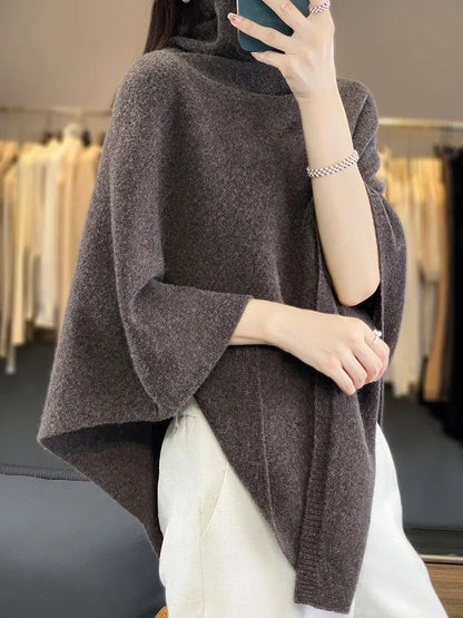 Women 100% Merino Wool Shawl Autumn Winter Turtleneck Pullover Wraps Grace Soft Warm Knitted Sweater Female Clothing Korean Tops