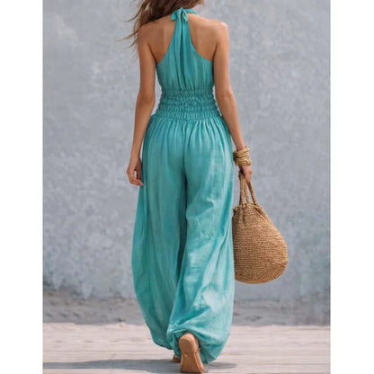 Summer Sexy Halter Sleeveless Pleated Jumpsuit Women Fashion Solid Elastic Waisted Wide Leg Jumpsuit Casual Loose Rompers Street