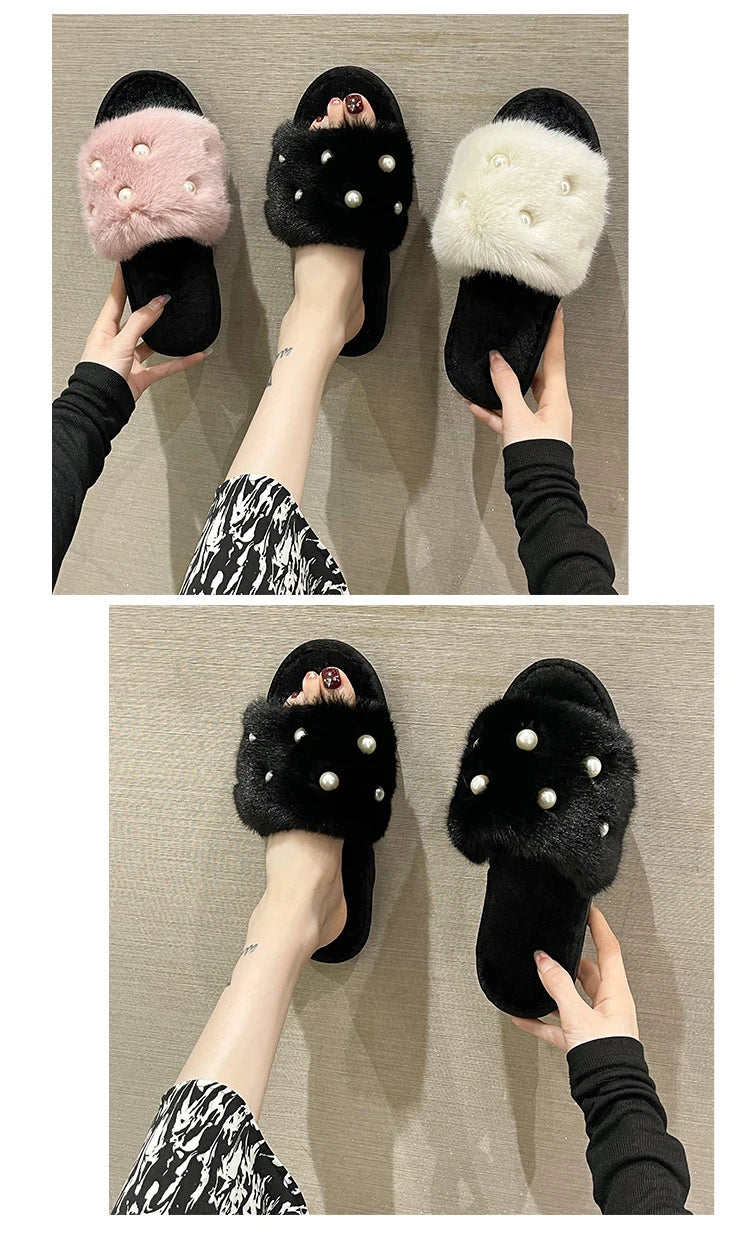 Perle Fluffy Slippers Home Winter Casual Designer Shoes Women 2025 New Luxury Indoor Plush Slides Girls Fashion Elegant Footwear