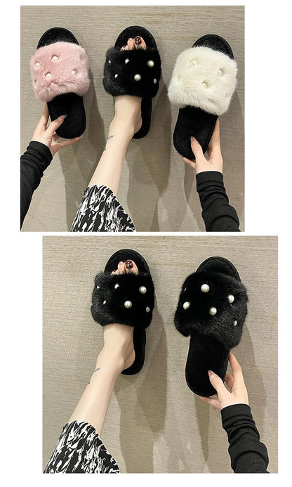 Perle Fluffy Slippers Home Winter Casual Designer Shoes Women 2025 New Luxury Indoor Plush Slides Girls Fashion Elegant Footwear