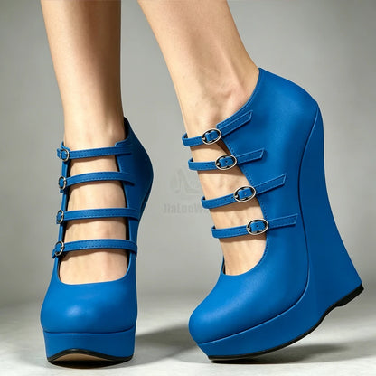 Blue PU Leather 6 Inch Wedge Sandals Women Sexy Multi Strap Buckle High Heel Platform Pumps Gothic Fetish Plus Size Shoe