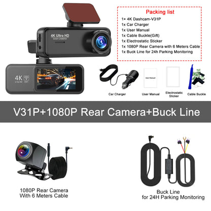 Kocam 4K Dash Cam Front and Rear Dual Channels Dashcam With 24H Parking Monitoring Night Vision DVR Recorder Black Box For Car