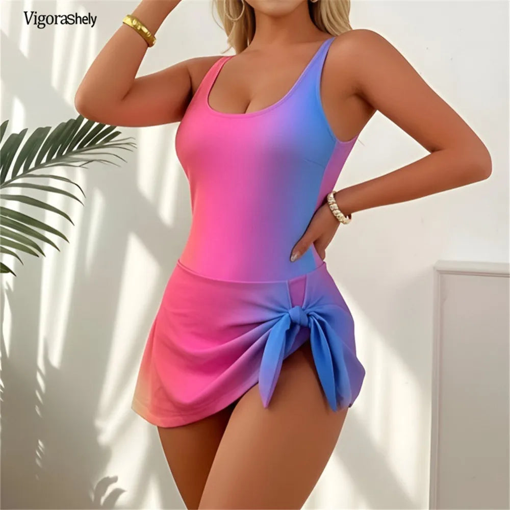 Vigoashely 2026 Summer Gradient Print Monokini Swimwear Women Tied One Piece Swimsuit Female Backless Beach Dress Bathing Suit
