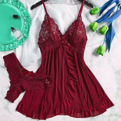 Summer Hot Sexy Sleepwear Dress Sleeveless Backless Women Lace Sheer Nightdress Solid Color Soft Pajamas Short V-neck Thong Set