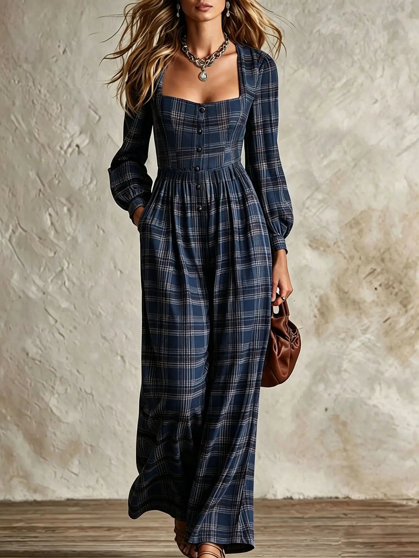 Women's Fashion Square Neck Retro Plaid Long Sleeve Jumpsuit Autumn New Waist Single Breasted Pocket Wide Leg Female Rompers2026