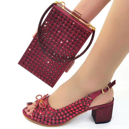 2024 New Italian Design Full Drill Elegant Wine Evening High Heels Wedding Party Shoes Matching Clutch Handbag