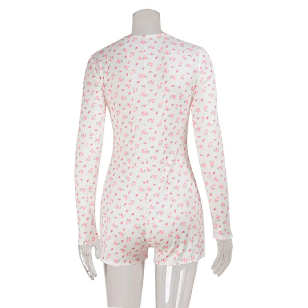 Women's Clothing Long Sleeve Floral Printed Jumpsuit Sexy Slim Home Wear Pajamas Fashion Round Simple Style Comfortable Trendy