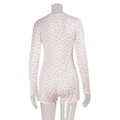 Women's Clothing Long Sleeve Floral Printed Jumpsuit Sexy Slim Home Wear Pajamas Fashion Round Simple Style Comfortable Trendy