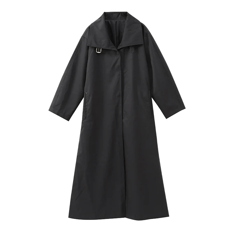 Women Black Long Solid Color Trench Coat Stand Collar Loose Drop Shoulder Single-breasted Windbreaker Lady Commute Outing Wear