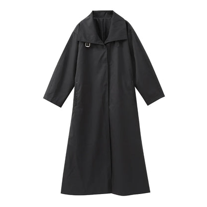 Women Black Long Solid Color Trench Coat Stand Collar Loose Drop Shoulder Single-breasted Windbreaker Lady Commute Outing Wear
