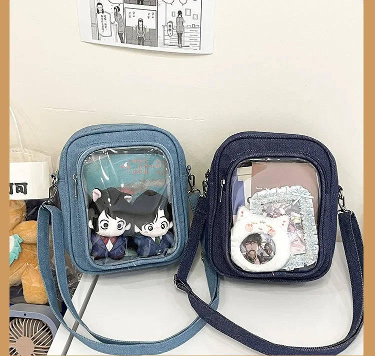 New Denim Ulzzang Ita Bags Female Transparent Badge Doll Show Crossbody Shoulder Bag Individuality Designer 2 Sides Bolso Mujer