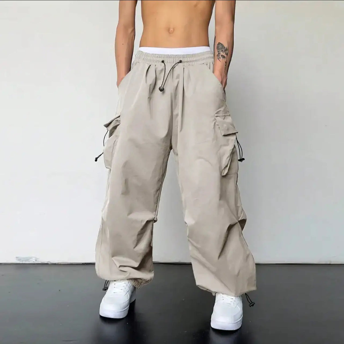 American High Street Summer Loose Straight Parachute Pants Men Solid Elastic Waist Pocket Casual Motion Wide Leg Cargo Trousers
