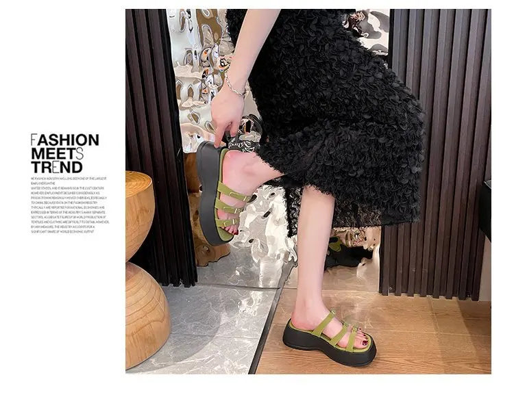 Women Thicken Soled Buckle Strap Sandals Platform High Heel Shoes Ladies Cut-Out Slippers Open Toe Flipflops Silver Beach Slides
