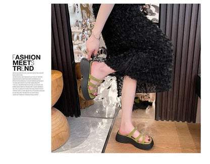 Women Thicken Soled Buckle Strap Sandals Platform High Heel Shoes Ladies Cut-Out Slippers Open Toe Flipflops Silver Beach Slides