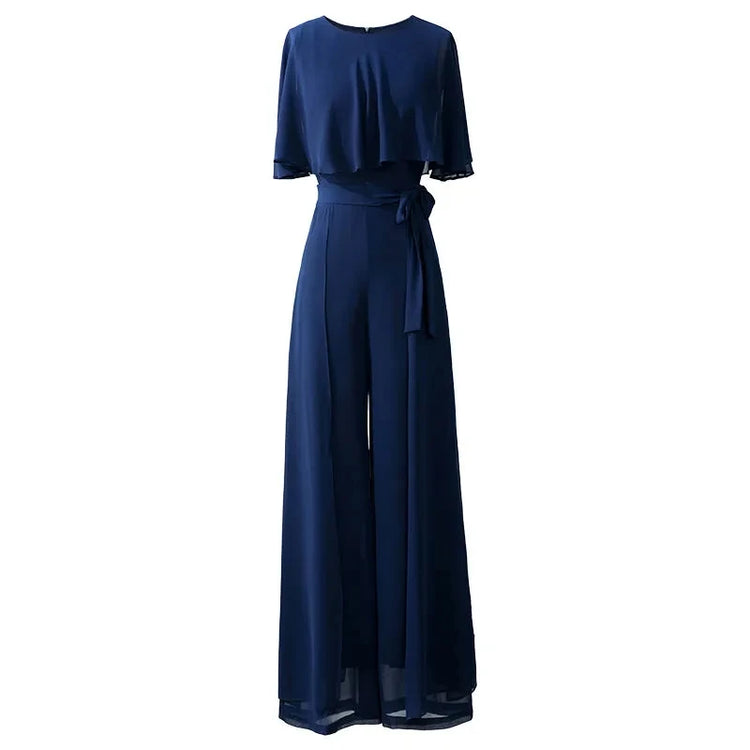 2024 New Summer Women Chiffon Jumpsuits Female Casual O Neck Sashes Overalls Ladies Wide -Leg Romper Solid Streetwear Playsuit