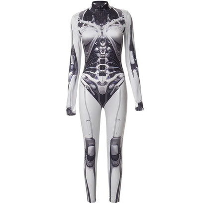 3D Printed Cosplay Bodycon Jumpsuits Y2k Techwear Long Sleeve Gothic Punk Playsuits Anime Women Mock Neck Zip Bodysuit