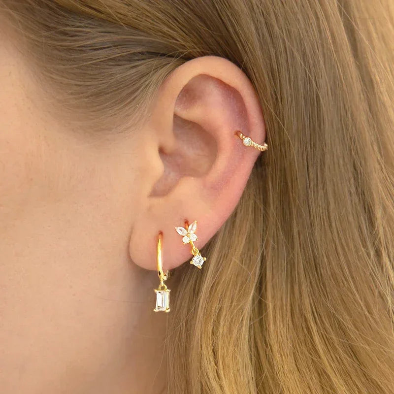 White Color Zircon Hoop Earrings 925 Sterling Silver Needle Cross/Star/Flower/Water Drop Pendant Gold Earrings Luxury Jewelry