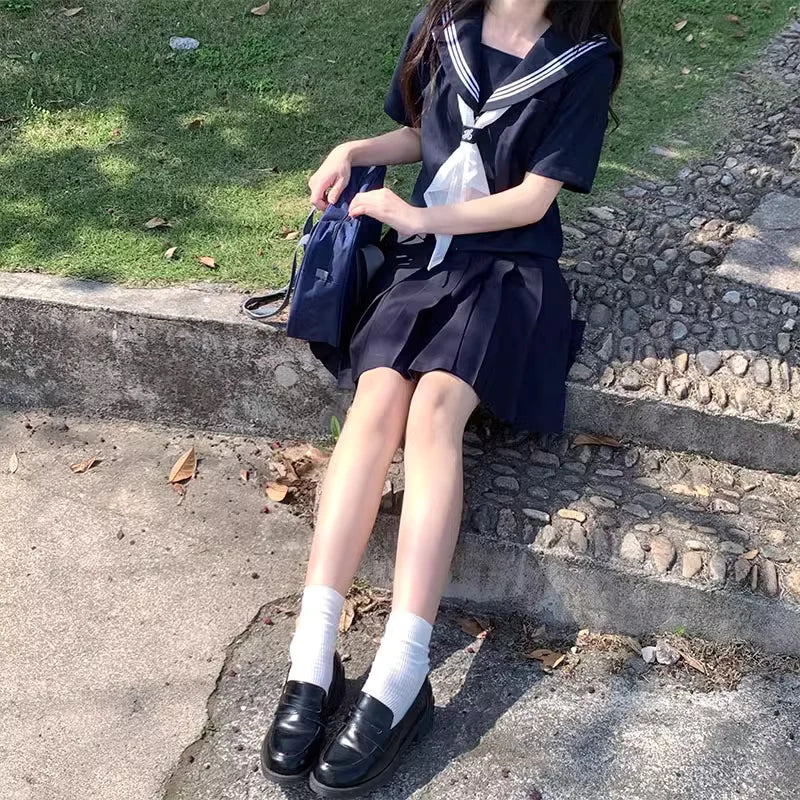Japanese Classical Dark Blue long-sleeved sailor uniforms white collar towel High School JK uniform cosplay Cute Girl DA020