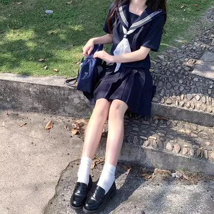 Japanese Classical Dark Blue long-sleeved sailor uniforms white collar towel High School JK uniform cosplay Cute Girl DA020