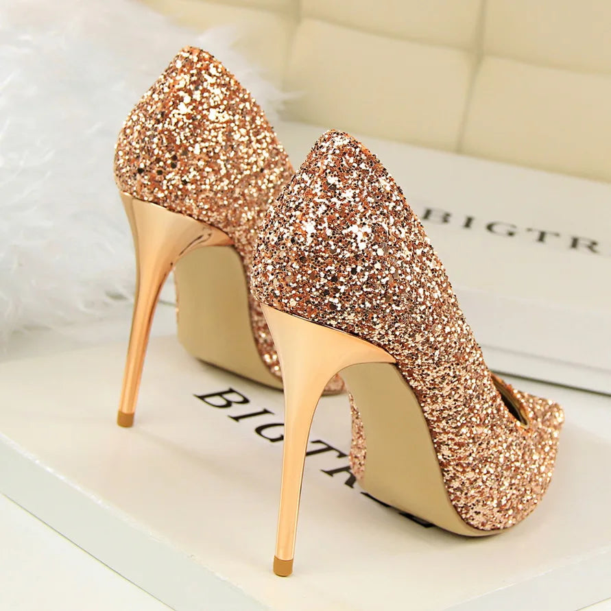 Women 7cm 9.5cm High Heels Pumps Wedding Bridal Scarpins Sparkly Mid Heels Lady Party Sequins Glitter Evening Gold Silver Shoes