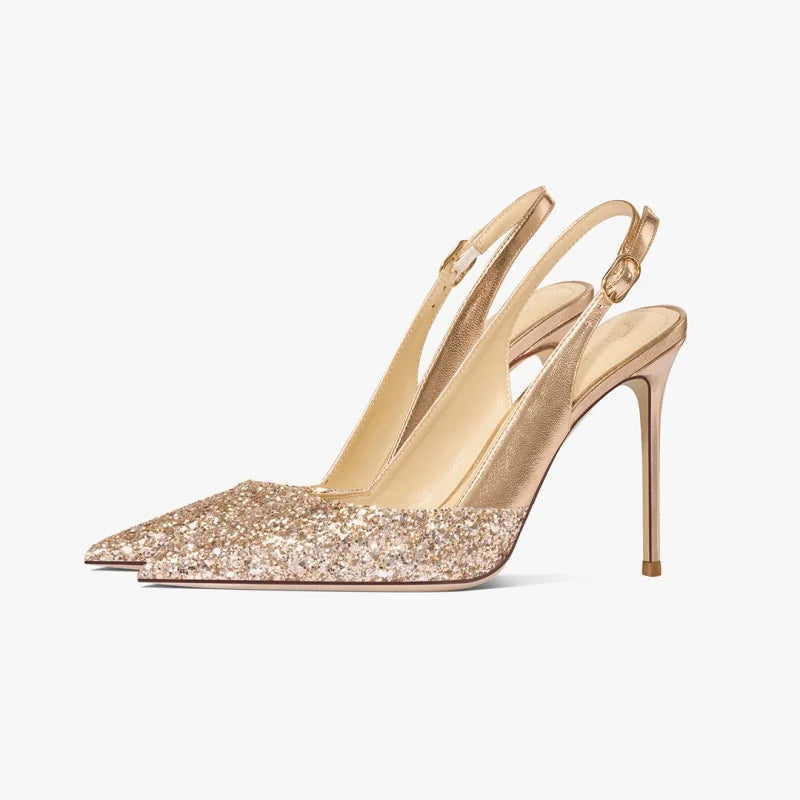 2025 New Summer Luxury Heeled Sandals Gold Sequins Back Strap Pointed Toe Stiletto Pumps Elegant Comfortable Prom Women's Shoes