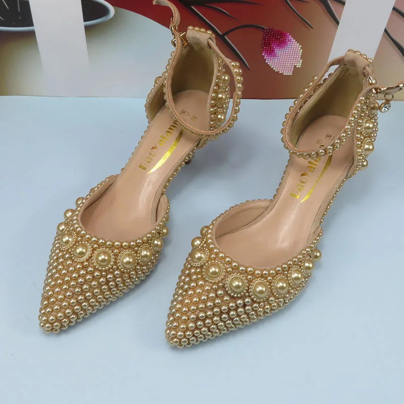 Champagne Pearl Wedding Bridal Shoes Woman Fashion Thin Heel Party Dress Shoe Lace-up Pointed Toe High Handmade Ankle Strap Shoe
