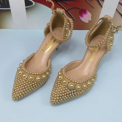 Champagne Pearl Wedding Bridal Shoes Woman Fashion Thin Heel Party Dress Shoe Lace-up Pointed Toe High Handmade Ankle Strap Shoe
