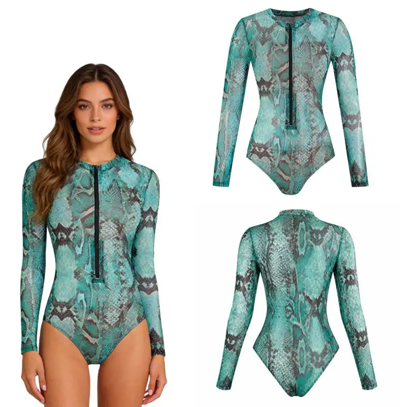 Turquoise Snake Print Long Sleeve One Piece Swimsuit Front Zipper Guard Sportswear High Cut Monokini For Women Summer Surfing