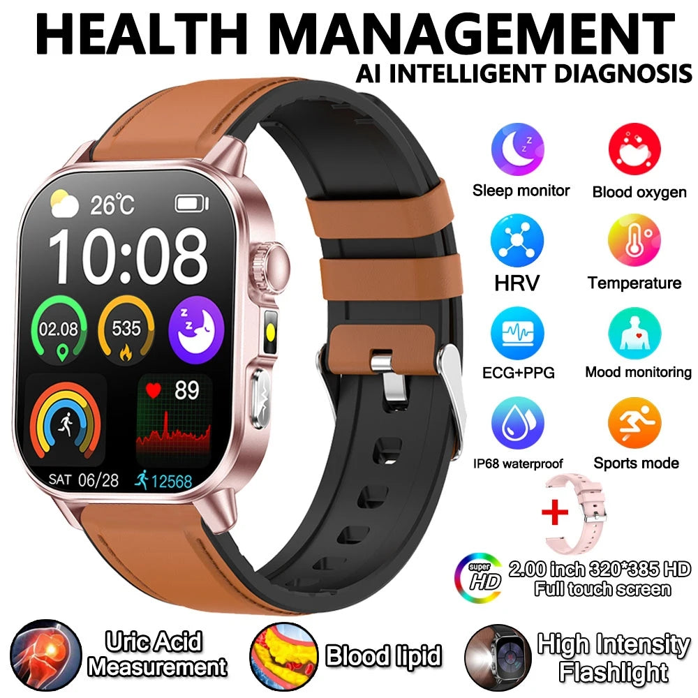 2026 New Professional-Grade Health Smart Watch Men ECG BP HR Uric Acid Lipid BMI Body Analysis Bluetooth Call Smartwatch Women