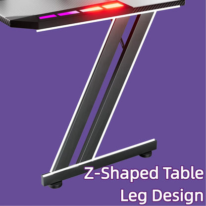 FRODROVIA Gaming Desk with APP RGB LED Lights, Carbon Fiber Surface Gaming Computer Desk with Removable Monitor Riser, Cup Holder & Headphone Hook, Screw‑Type Adjustable Leveling Feet for Gaming Room Home Office