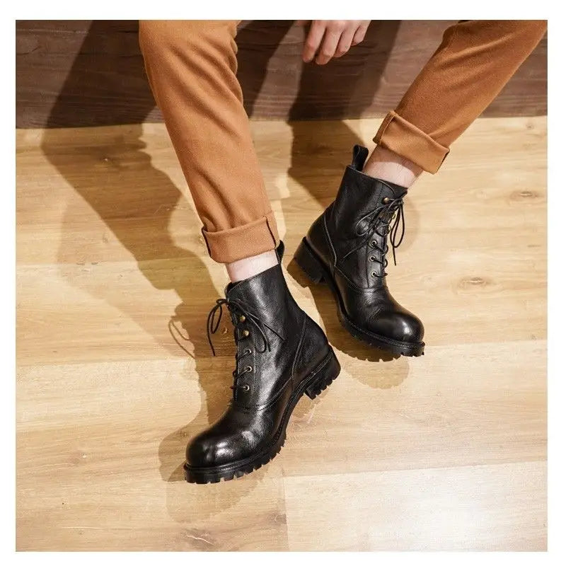 Fashion Cow Genuine Leather Motorcycle Boots Brogue Shoes Retro High Big Head Men's Mid-calf Chelsea Boots For Men Brown