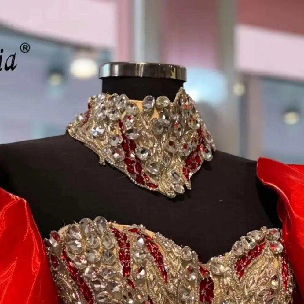 Luxury Heavy Beaded Evening Dress Puffy Big Sleeve High Neck Mermaid Prom Gown Sparkly Rhinestone Formal Party Dresses Customize