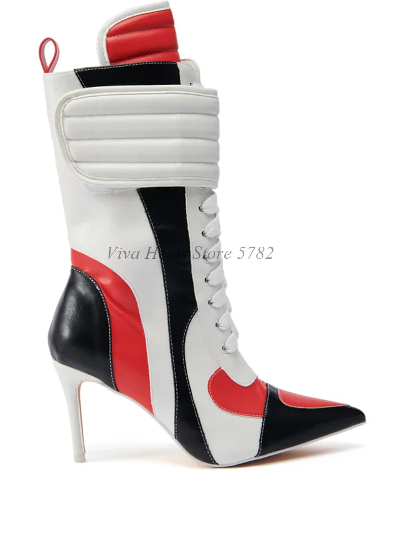 Cool Punk Mixed Colors Leather Motorcycle Boots Pointed Toe Lace up Se ...
