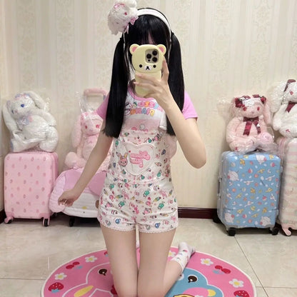 Japanese Cartoon Mp Embroidery Cute Core Daughter Clothing Sweet Girl Strap Shorts Summer New Rompers Womens Y2k Jumpsuit