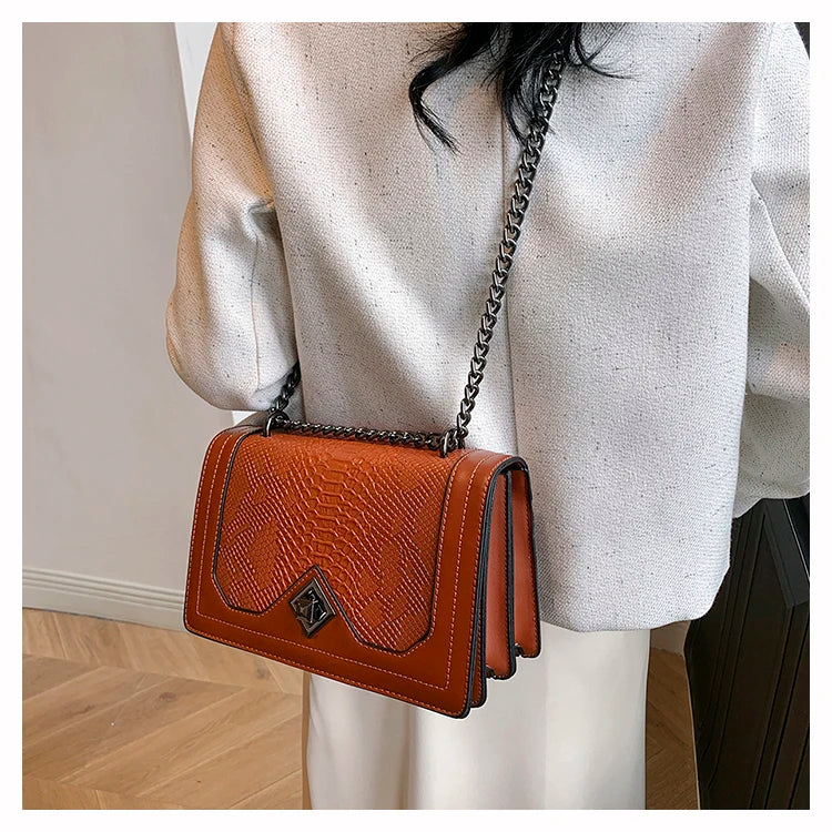 Leather Shoulder Bag Chain Purse for Women - Fashion Crossbody Bags Vintage Snake Print Underarm Bag Square Satchel Handbag