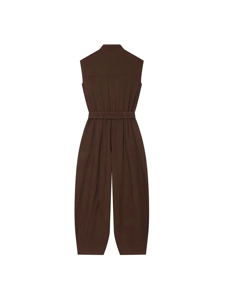 Women Long Jumpsuits 2026 Sleeveless Playsuits Elegant Solid Color Rompers Casual Stand Collar Belt Fashion Commuting Outfit