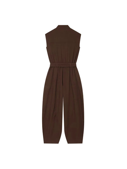 Women Long Jumpsuits 2026 Sleeveless Playsuits Elegant Solid Color Rompers Casual Stand Collar Belt Fashion Commuting Outfit
