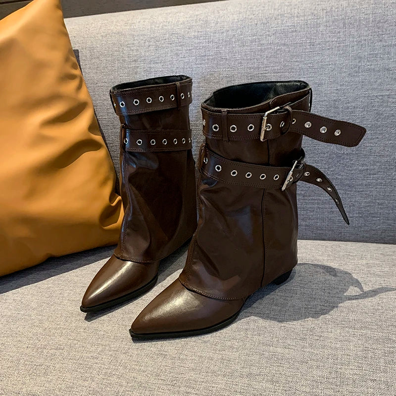 2025 Pointed Toe Women's Winter Boots Designer Mid Heels Elegant Shoes Pumps Fashion Boots New Trend Dress Gothic Ladies Boots