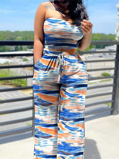 Women's Sexy Strapless One Piece Printed Pants Summer Fashion Lace Up High Waisted Slim Sleeveless Female Beach Holiday Jumpsuit