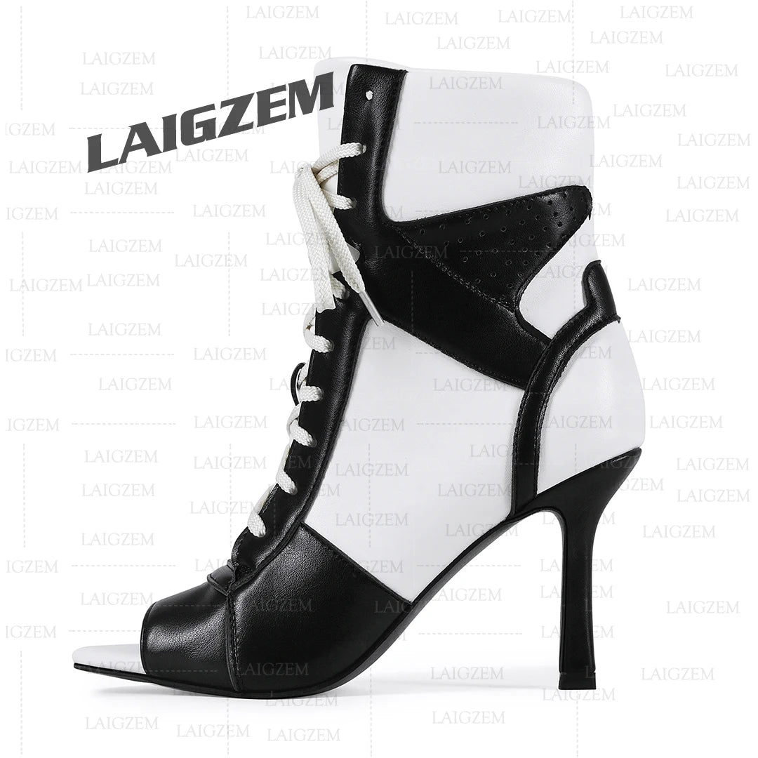 LAIGZEM Women Ankle Boots Patchwork Peep Toe Thin High Heels Boots Lace up Short Boos Ladies Handmade Shoes Woman Size 39 41 43
