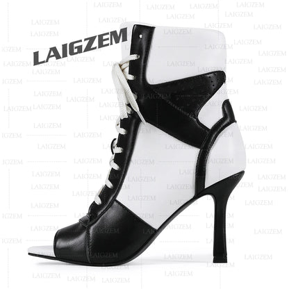 LAIGZEM Women Ankle Boots Patchwork Peep Toe Thin High Heels Boots Lace up Short Boos Ladies Handmade Shoes Woman Size 39 41 43