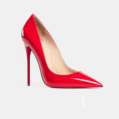 2025 European and American slim and sexy high heels, pointed shallow mouth black patent leather temperament work shoes