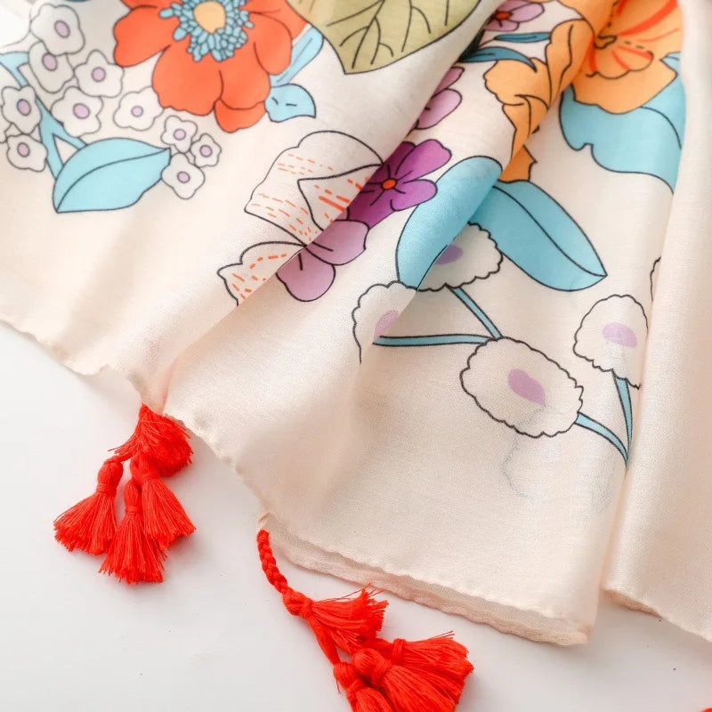Spain Fashion Petal Floral Tassel Viscose Shawl Scarf Lady High Quality Print Soft Pashmina Stole Bufandas Muslim Hijab 180*90Cm